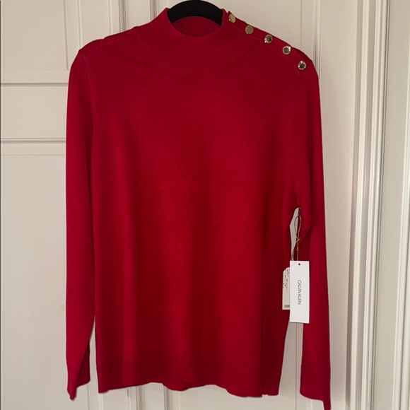 Calvin Klein Red Faux Turtleneck Sweater with Gold Buttons - Picture 1 of 8